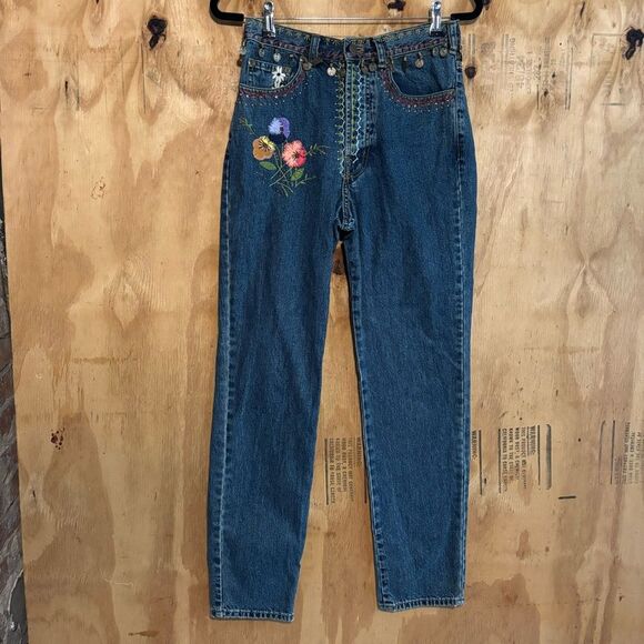 Vintage DKNY High Waist Embroidered Hippie 100% Cotton Jeans Sz 2 - Picture 1 of 7